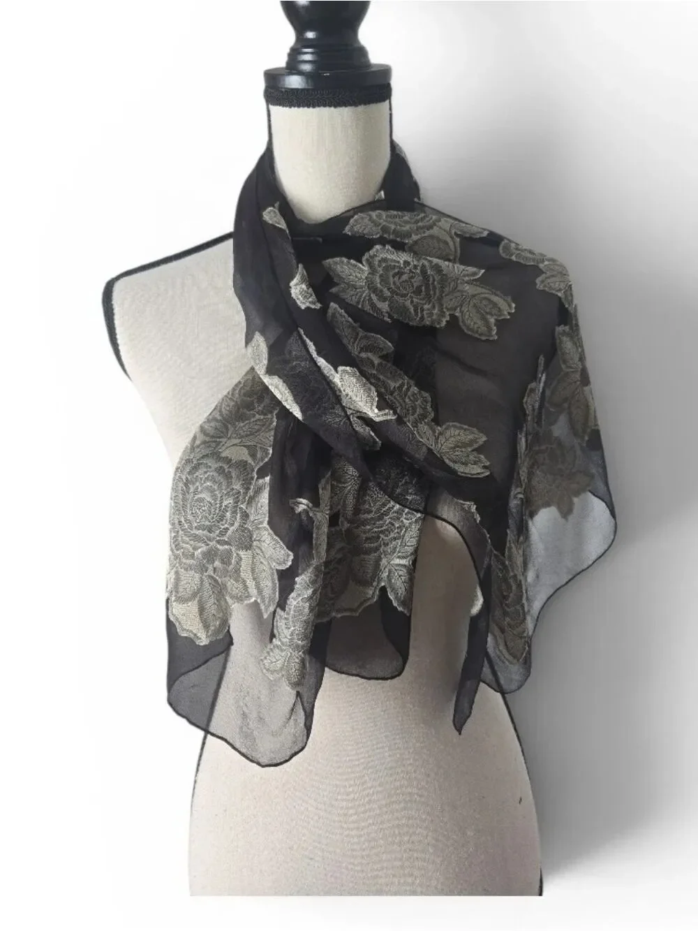 Vintage Black Sheer Floral Embroidered Scarf – Silver Gray Rose Embroidery – 44